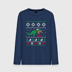 Лонгслив хлопковый мужской Новогодний тирекс - ugly sweater, цвет: тёмно-синий