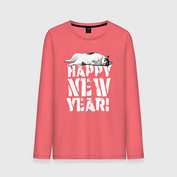 Лонгслив хлопковый мужской Happy new year - кошечка, цвет: коралловый