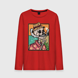 Лонгслив хлопковый мужской Скелет в гавайской рубашке курит сигарету, цвет: красный