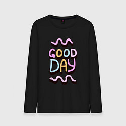 Лонгслив хлопковый мужской Good day надпись с кривыми линиями, цвет: черный