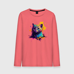 Лонгслив хлопковый мужской Котик в красках, цвет: коралловый