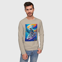 Лонгслив хлопковый мужской Cyber shark - ocean and space - art, цвет: миндальный — фото 2