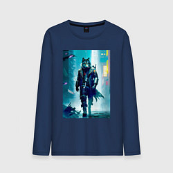 Лонгслив хлопковый мужской Крутой волчара - киберпанк, цвет: тёмно-синий
