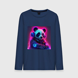 Лонгслив хлопковый мужской Диджей панда в свете неона, цвет: тёмно-синий