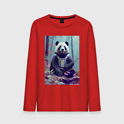 Лонгслив хлопковый мужской Панда в кибер-жилете - нейросеть, цвет: красный