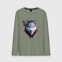 Лонгслив хлопковый мужской Голова волка - рисунок с пятнами краски, цвет: авокадо