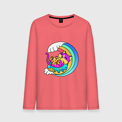 Лонгслив хлопковый мужской Радужная волна и пушистый котик, цвет: коралловый