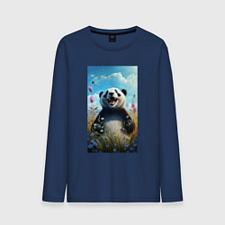 Лонгслив хлопковый мужской Довольная панда на природе, цвет: тёмно-синий