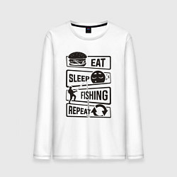 Лонгслив хлопковый мужской Eat sleep fishing repeat, цвет: белый