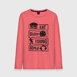 Лонгслив хлопковый мужской Eat sleep fishing repeat, цвет: коралловый