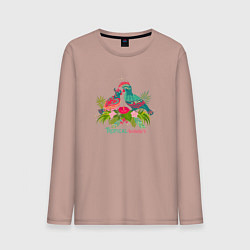 Лонгслив хлопковый мужской Влюбленные попугаи среди тропических листьев, цвет: пыльно-розовый