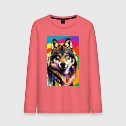 Лонгслив хлопковый мужской Красочный волк - поп-арт - нейросеть, цвет: коралловый