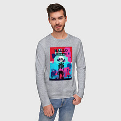 Лонгслив хлопковый мужской Funny skeleton - pop art - pixels halloween, цвет: меланж — фото 2