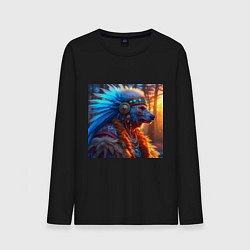Лонгслив хлопковый мужской Медведь-индеец от нейросети, цвет: черный