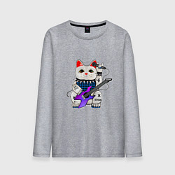 Лонгслив хлопковый мужской Рок кот нэко с микрофоном и гитарой, цвет: меланж