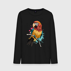 Лонгслив хлопковый мужской Акварельный попугай, цвет: черный