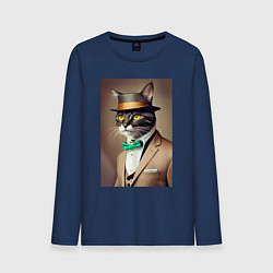 Лонгслив хлопковый мужской Портрет кота джентльмена в шляпе, цвет: тёмно-синий