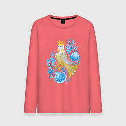 Лонгслив хлопковый мужской Птица Сирин в цветах по мотивам гжельской росписи, цвет: коралловый