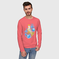 Лонгслив хлопковый мужской Птица Сирин в цветах по мотивам гжельской росписи, цвет: коралловый — фото 2