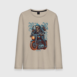 Лонгслив хлопковый мужской Скелет байкера на мотоцикле под rocknroll, цвет: миндальный