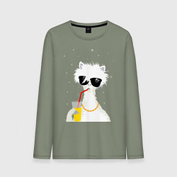 Лонгслив хлопковый мужской Лама - альпака с бокалом, цвет: авокадо