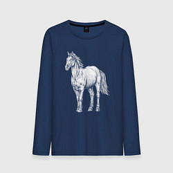 Лонгслив хлопковый мужской Белая лошадь стоит, цвет: тёмно-синий