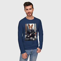 Лонгслив хлопковый мужской Булли на улице Нью-Йорка - нейросеть, цвет: тёмно-синий — фото 2