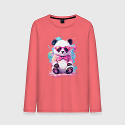 Лонгслив хлопковый мужской Милая панда в розовых очках и бантике, цвет: коралловый