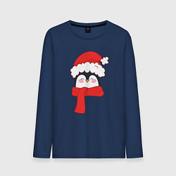 Лонгслив хлопковый мужской Новогодний пингвин в шапке Деда Мороза, цвет: тёмно-синий