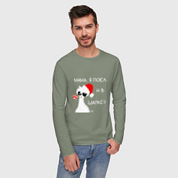 Лонгслив хлопковый мужской Мем лама: мама я поел и в шапке, цвет: авокадо — фото 2