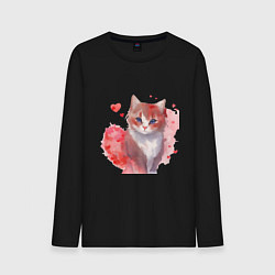Лонгслив хлопковый мужской Кошка в красных сердечках, цвет: черный