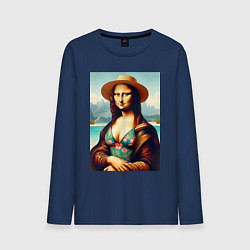 Лонгслив хлопковый мужской Мона Лиза в купальнике и шляпе на пляже, цвет: тёмно-синий