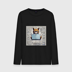 Лонгслив хлопковый мужской Кот программист за ноутбуком, цвет: черный