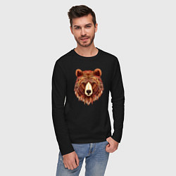 Лонгслив хлопковый мужской Серьезный медведь с орнаментом, цвет: черный — фото 2