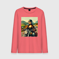Лонгслив хлопковый мужской Mona Lisa on a motorcycle - ai art, цвет: коралловый