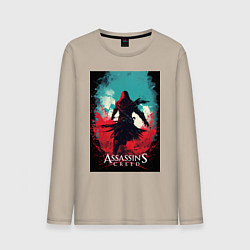 Лонгслив хлопковый мужской Assassins creed red blue abstract, цвет: миндальный