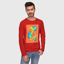Лонгслив хлопковый мужской Оранжевый абстракт с желтой линией, цвет: красный — фото 2