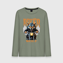 Лонгслив хлопковый мужской Байкер волк на мотоцикле, цвет: авокадо