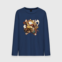 Лонгслив хлопковый мужской Кот самурай и лапша, цвет: тёмно-синий