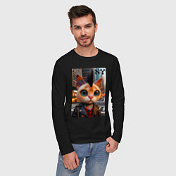 Лонгслив хлопковый мужской Глазастый котёнок панк из Нью-Йорка - нейросеть, цвет: черный — фото 2