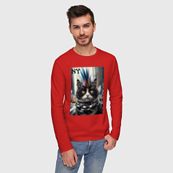 Лонгслив хлопковый мужской Кот панк с разноцветным хаером - Нью-Йорк, цвет: красный — фото 2