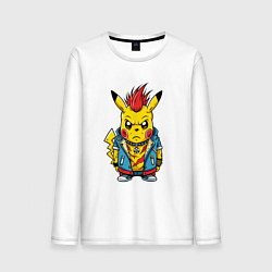 Лонгслив хлопковый мужской Пикачу панк с красным ирокезом, цвет: белый