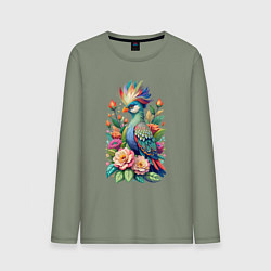 Мужской лонгслив Голубая птица с хохолком среди цветов