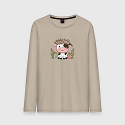 Мужской лонгслив Мультяшная корова с цветами