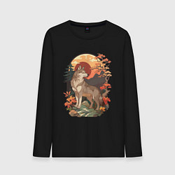 Лонгслив хлопковый мужской Волк в лесу в японском стиле, цвет: черный