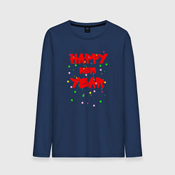 Лонгслив хлопковый мужской Happy New Year ярко-красным, цвет: тёмно-синий