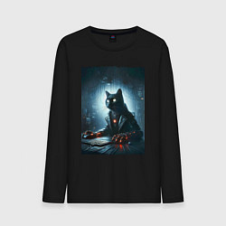 Лонгслив хлопковый мужской Кибер кот за компьютером - неоновое свечение, цвет: черный