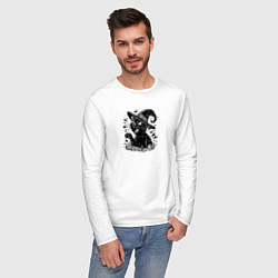 Лонгслив хлопковый мужской Черный кот в шляпе ведьмы тату, цвет: белый — фото 2