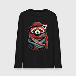Лонгслив хлопковый мужской Красная панда в шляпе и шарфе, цвет: черный