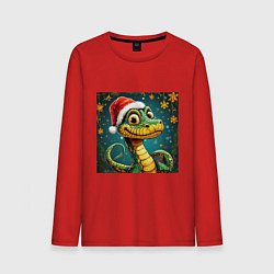 Мужской лонгслив Новогодняя змейка в красной шапке